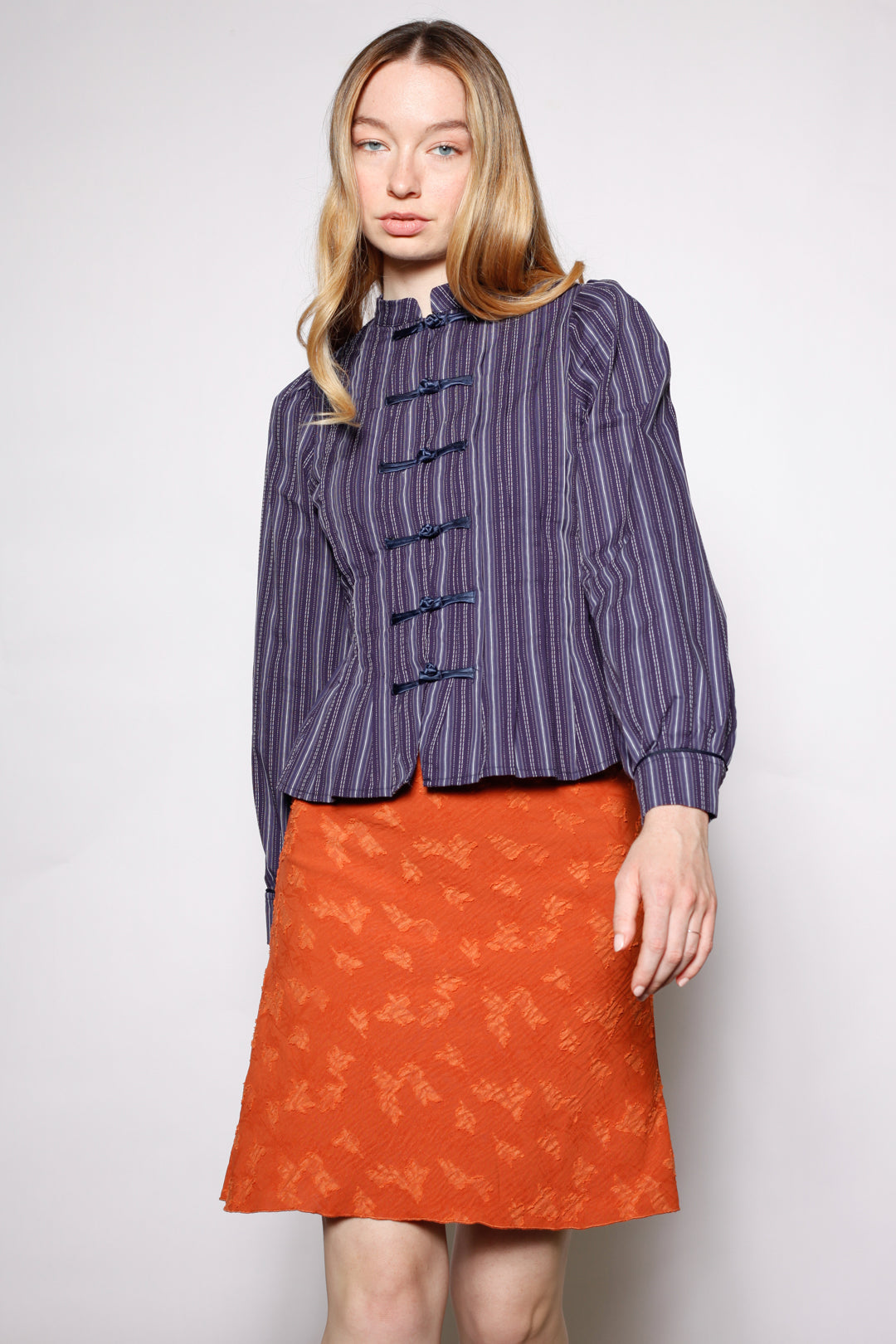 Navy Stripe Cotton Frog Closure Shirt
