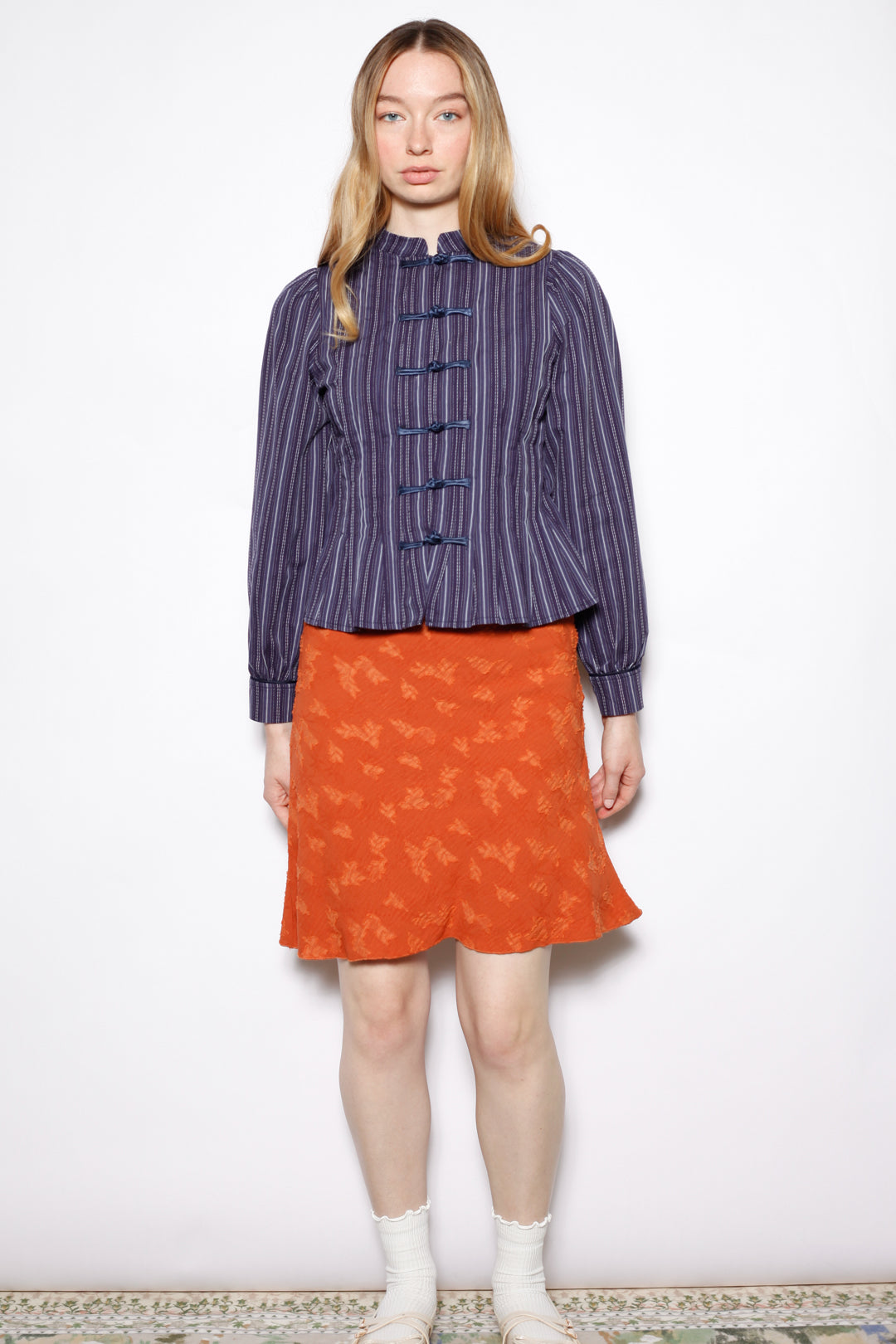Navy Stripe Cotton Frog Closure Shirt