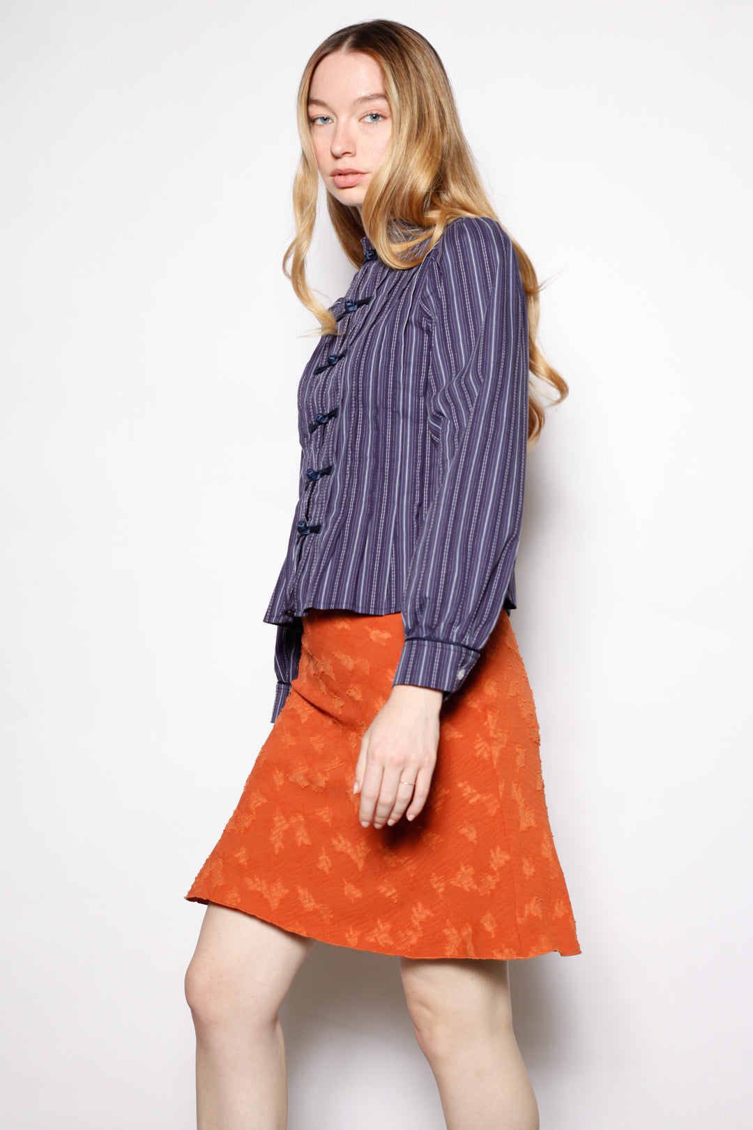 Navy Stripe Cotton Frog Closure Shirt