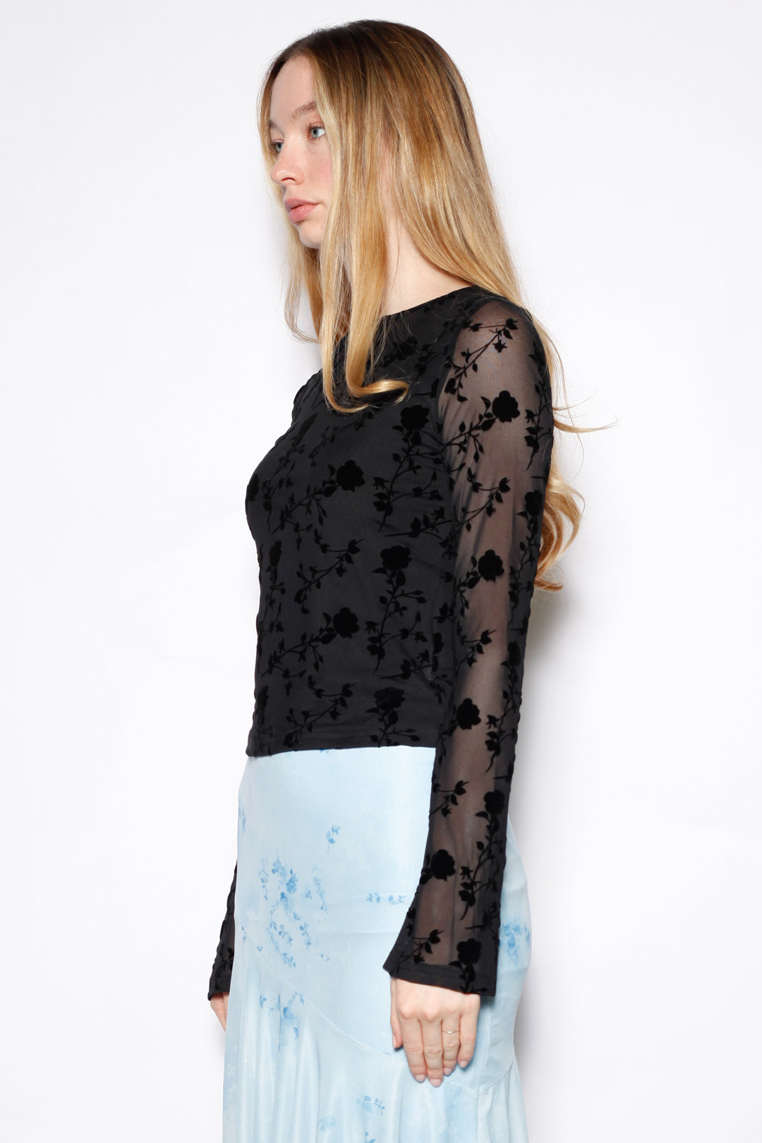 Cotton Black Floral Mesh Long Sleeve Top