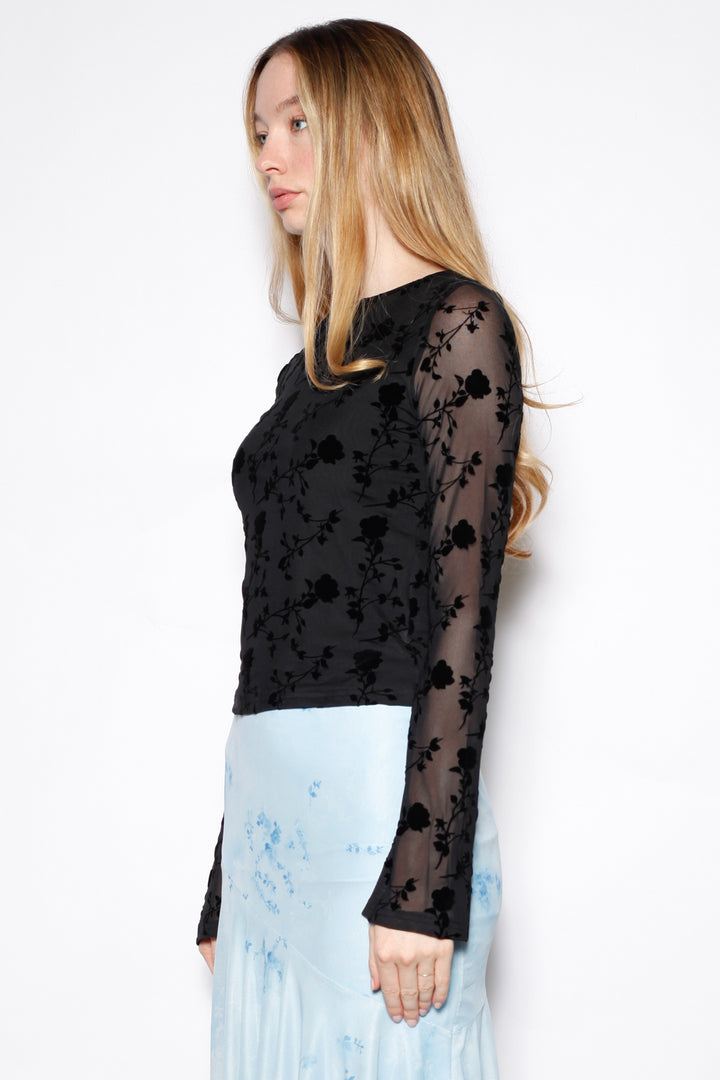 Cotton Black Floral Mesh Long Sleeve Top