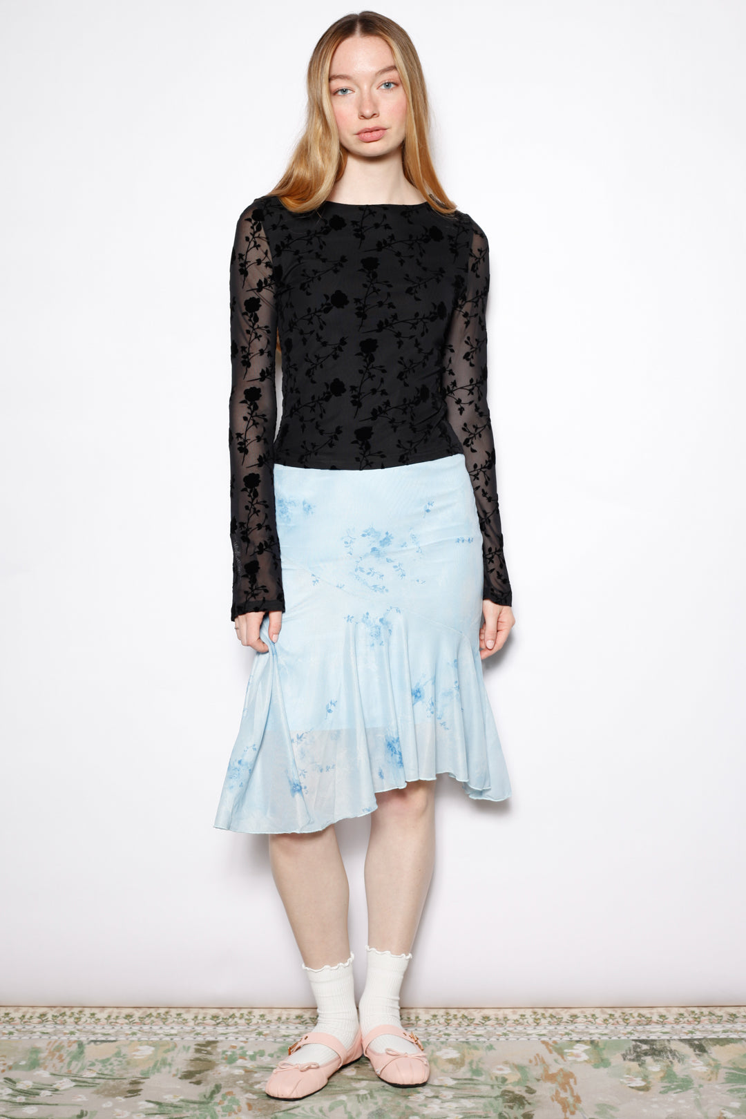 Cotton Black Floral Mesh Long Sleeve Top
