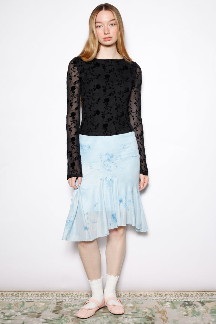 Cotton Black Floral Mesh Long Sleeve Top