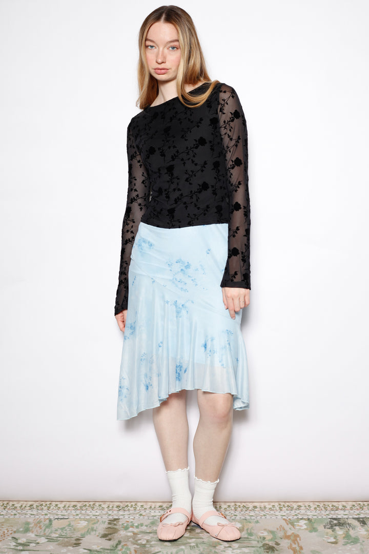 Cotton Black Floral Mesh Long Sleeve Top
