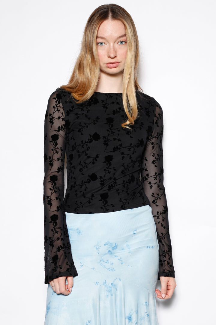 Cotton Black Floral Mesh Long Sleeve Top