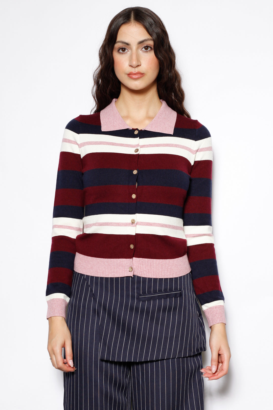 Wool Burgundy Stripe Polo Cardigan
