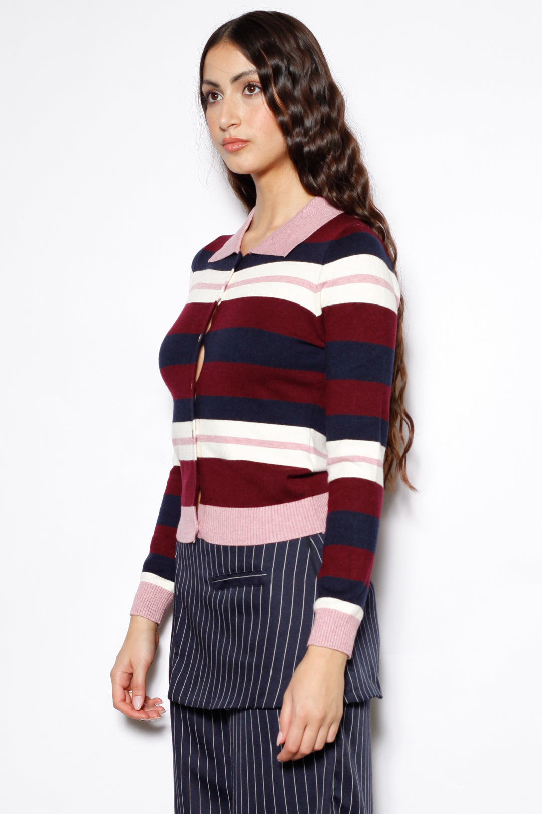 Wool Burgundy Stripe Polo Cardigan