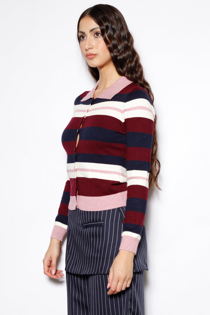 Wool Burgundy Stripe Polo Cardigan