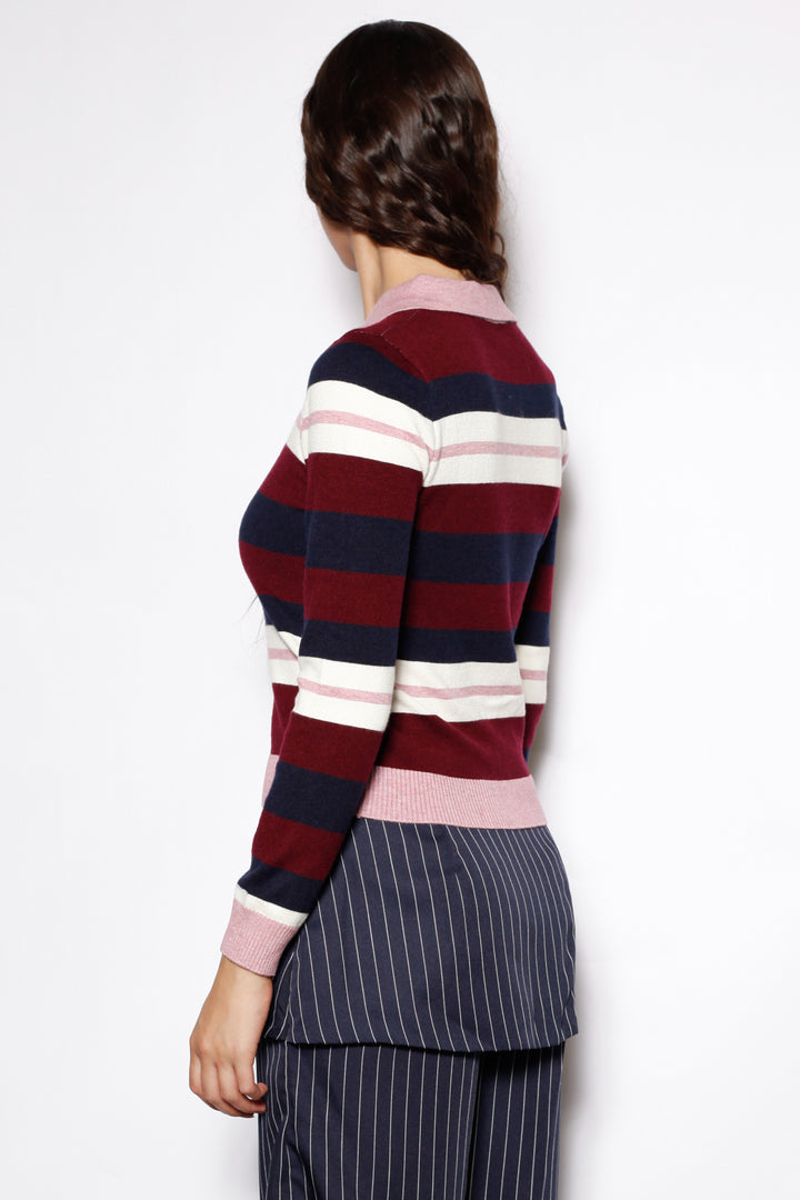 Wool Burgundy Stripe Polo Cardigan