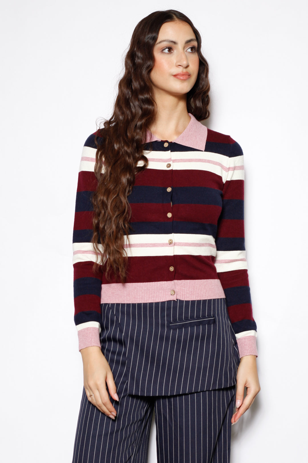 Wool Burgundy Stripe Polo Cardigan
