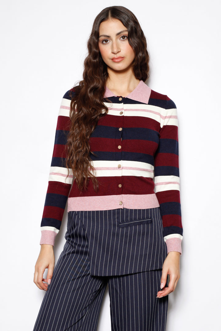 Wool Burgundy Stripe Polo Cardigan