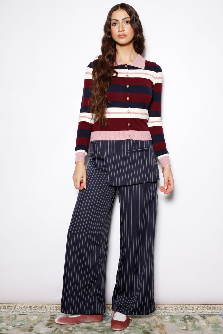 Wool Burgundy Stripe Polo Cardigan