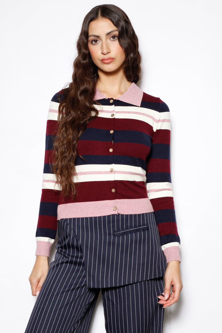 Wool Burgundy Stripe Polo Cardigan
