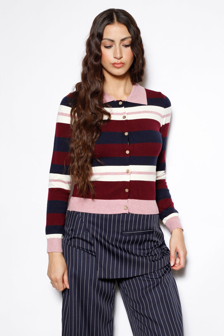 Wool Burgundy Stripe Polo Cardigan