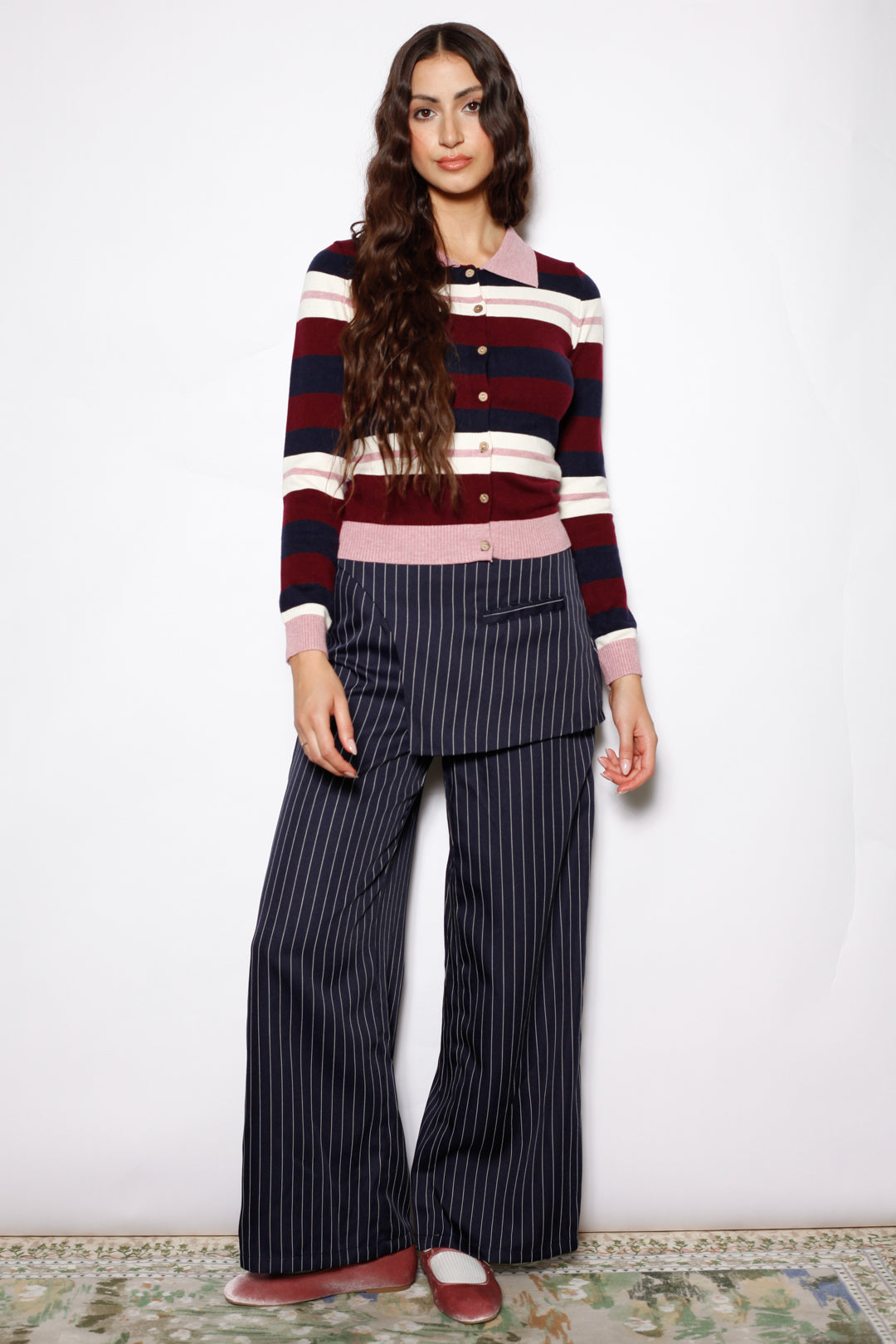 Wool Burgundy Stripe Polo Cardigan