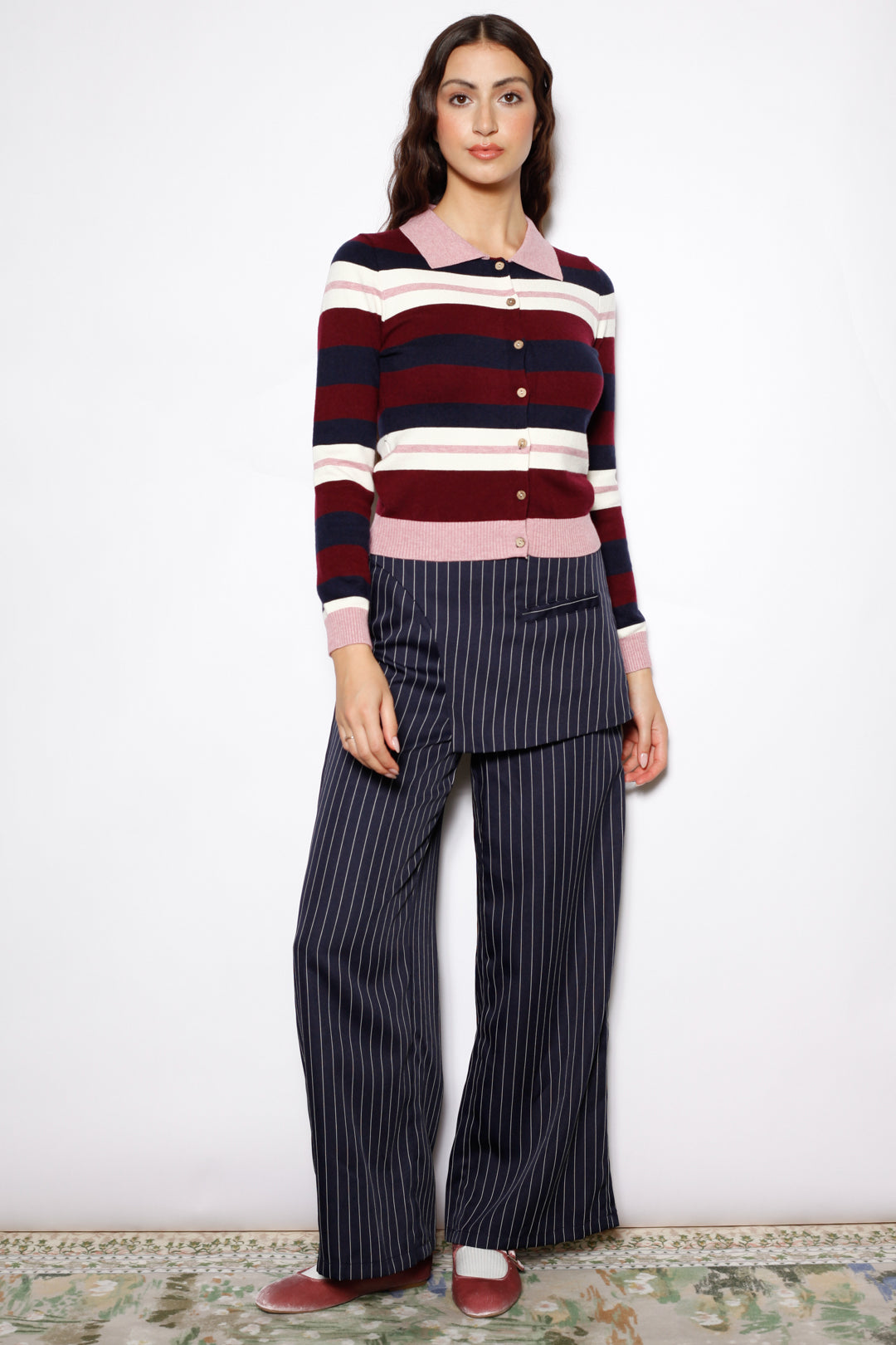 Wool Burgundy Stripe Polo Cardigan