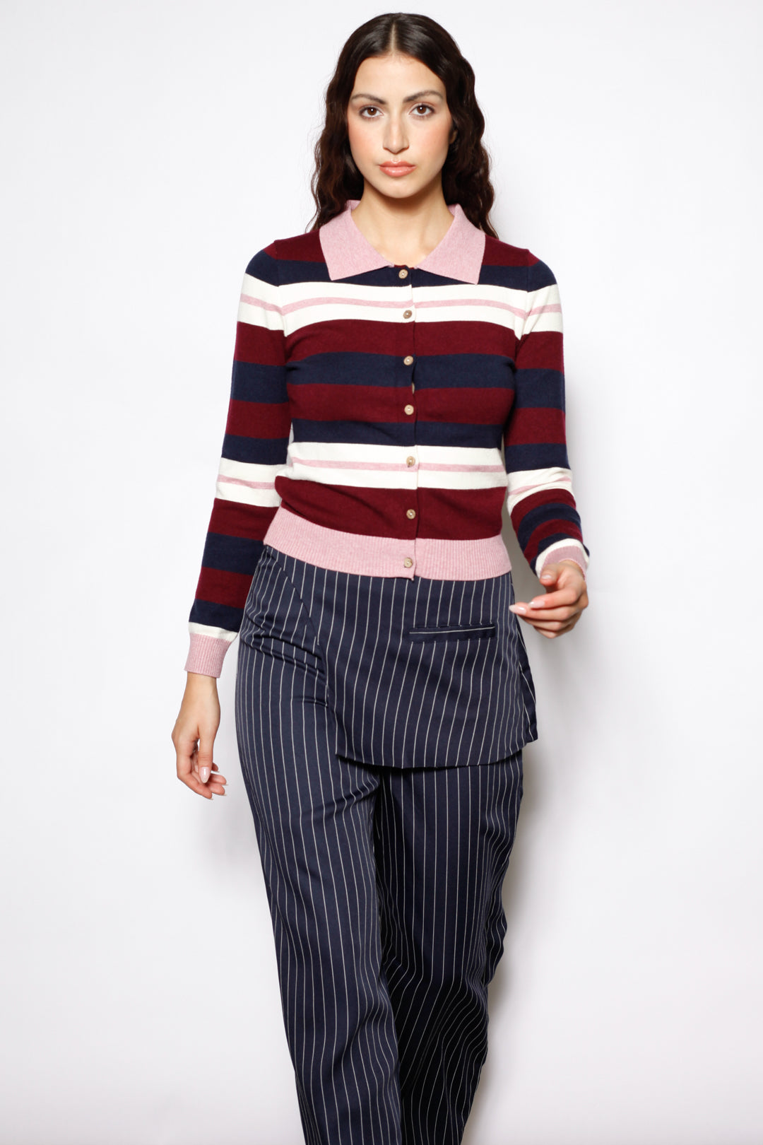 Wool Burgundy Stripe Polo Cardigan