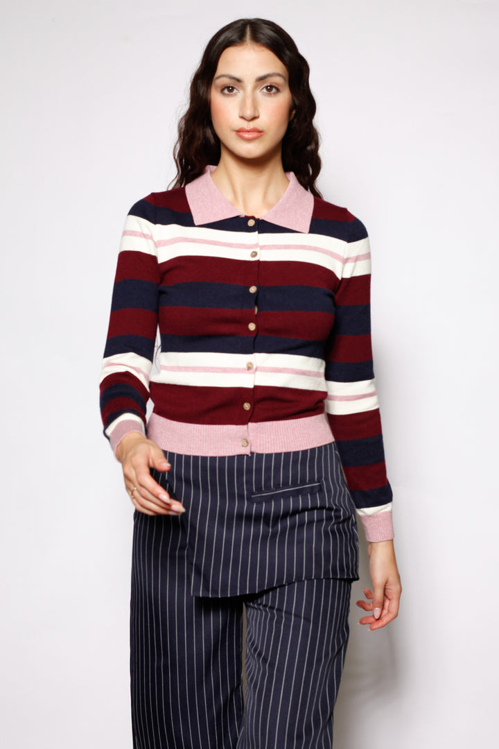 Wool Burgundy Stripe Polo Cardigan
