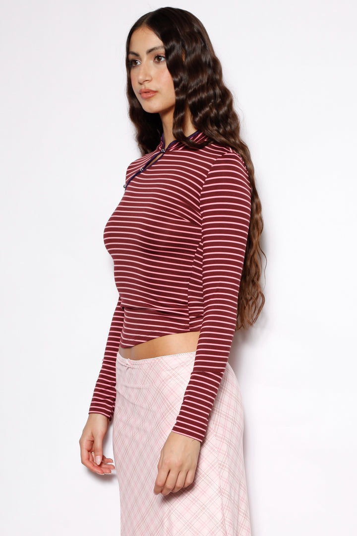 Cotton Jersey Burgundy Stripe Qipao Top