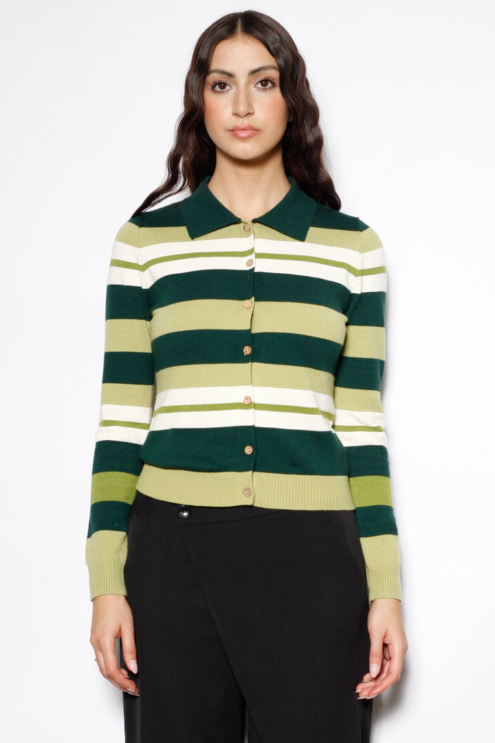 Wool Green Stripe Polo Cardigan