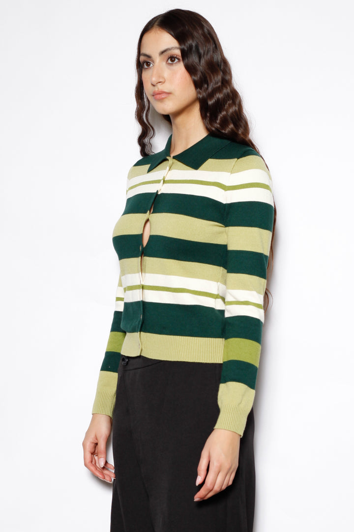 Wool Green Stripe Polo Cardigan