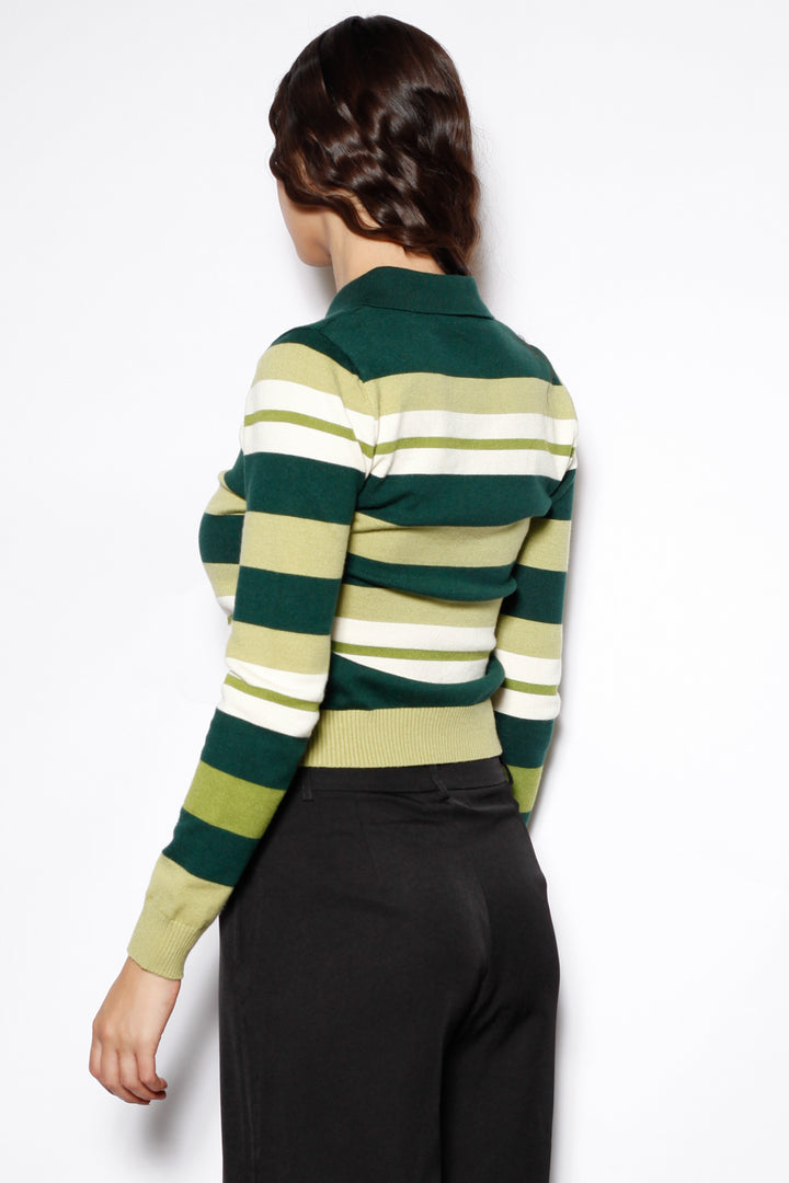 Wool Green Stripe Polo Cardigan