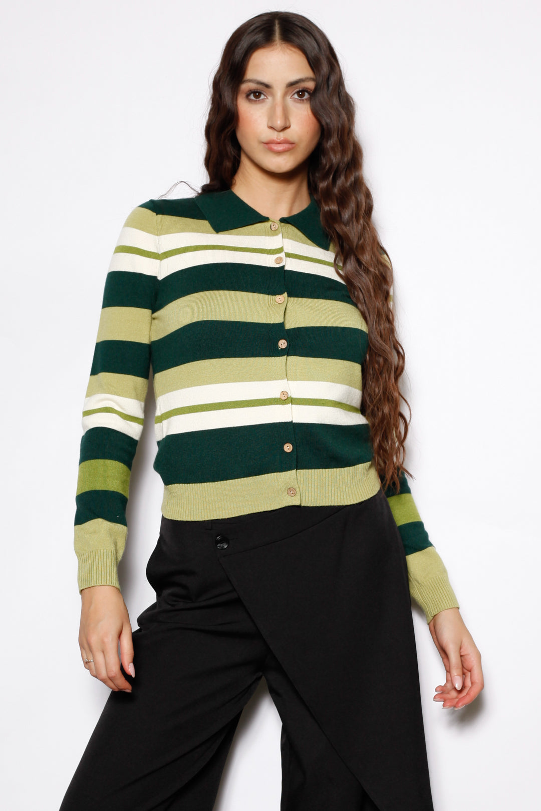 Wool Green Stripe Polo Cardigan
