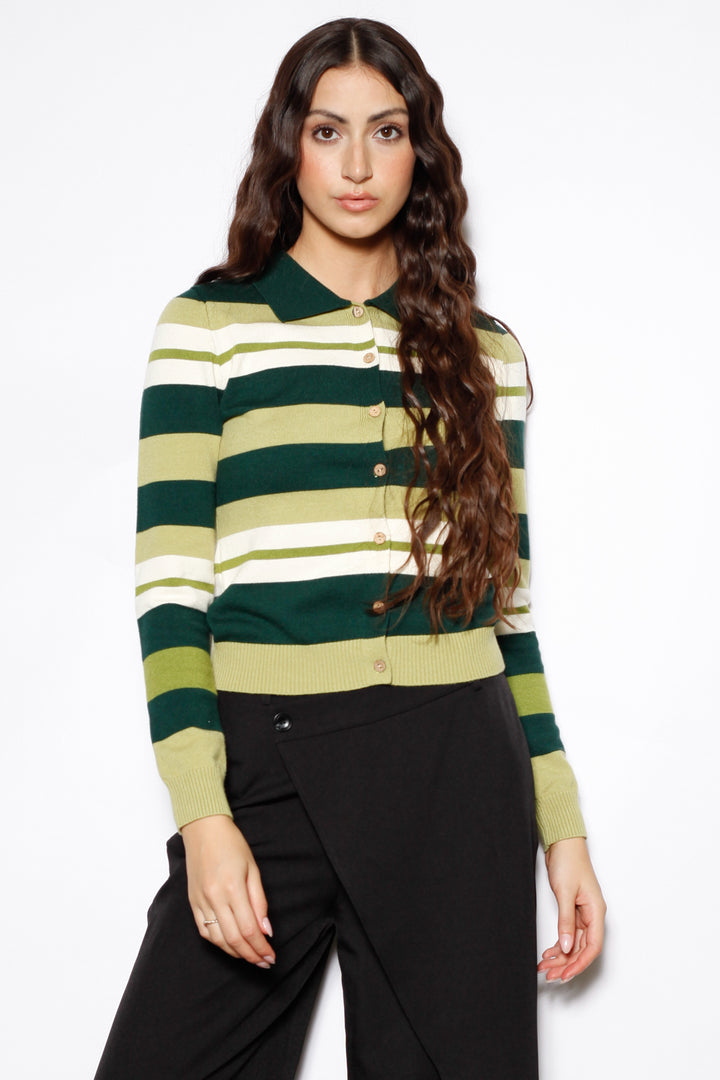 Wool Green Stripe Polo Cardigan