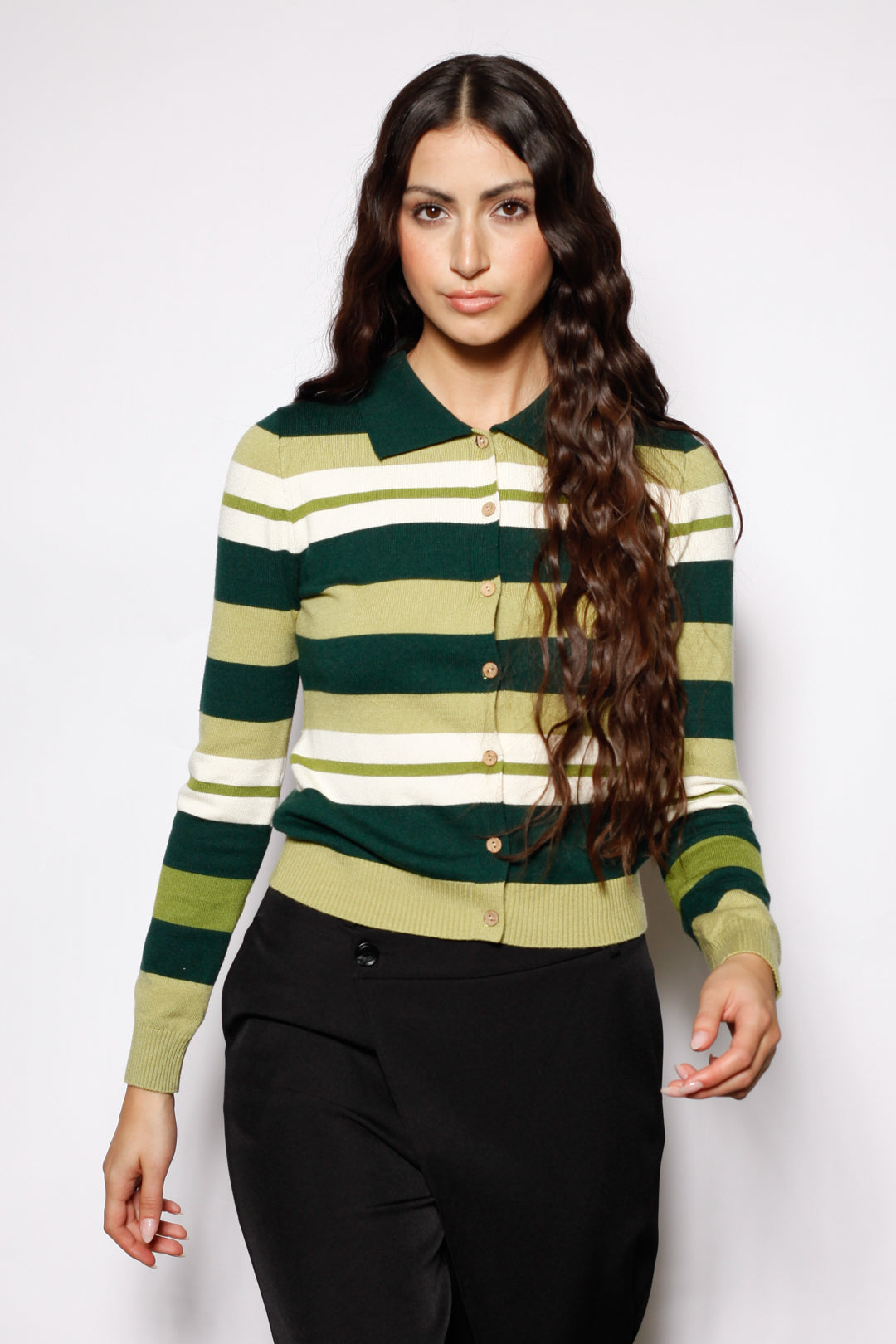 Wool Green Stripe Polo Cardigan