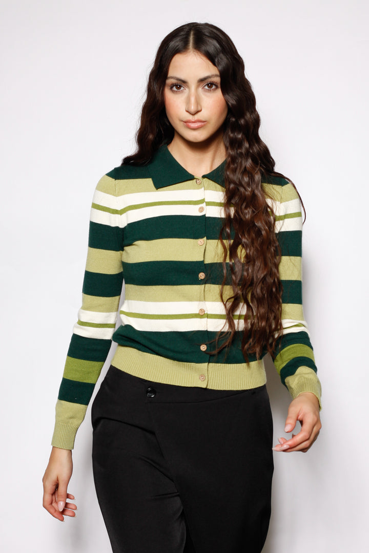 Wool Green Stripe Polo Cardigan