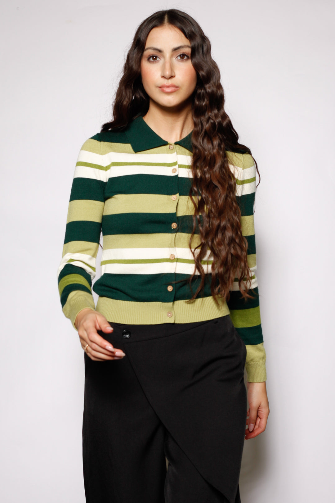 Wool Green Stripe Polo Cardigan