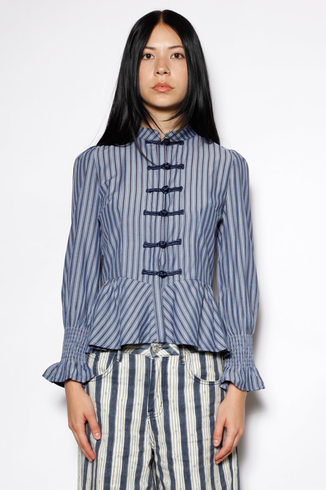 Cotton Blue Stripe Peplum Shirt