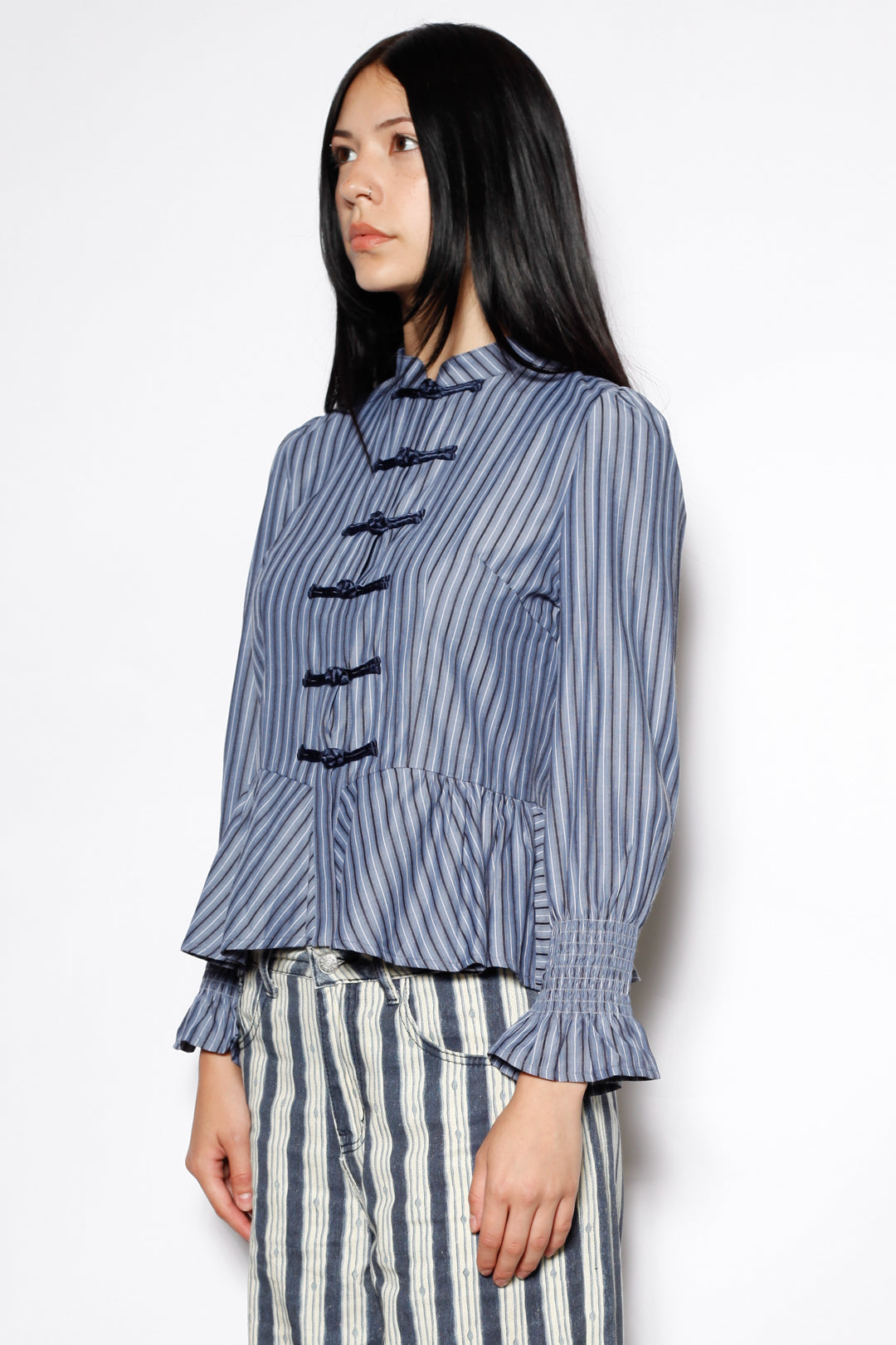 Cotton Blue Stripe Peplum Shirt