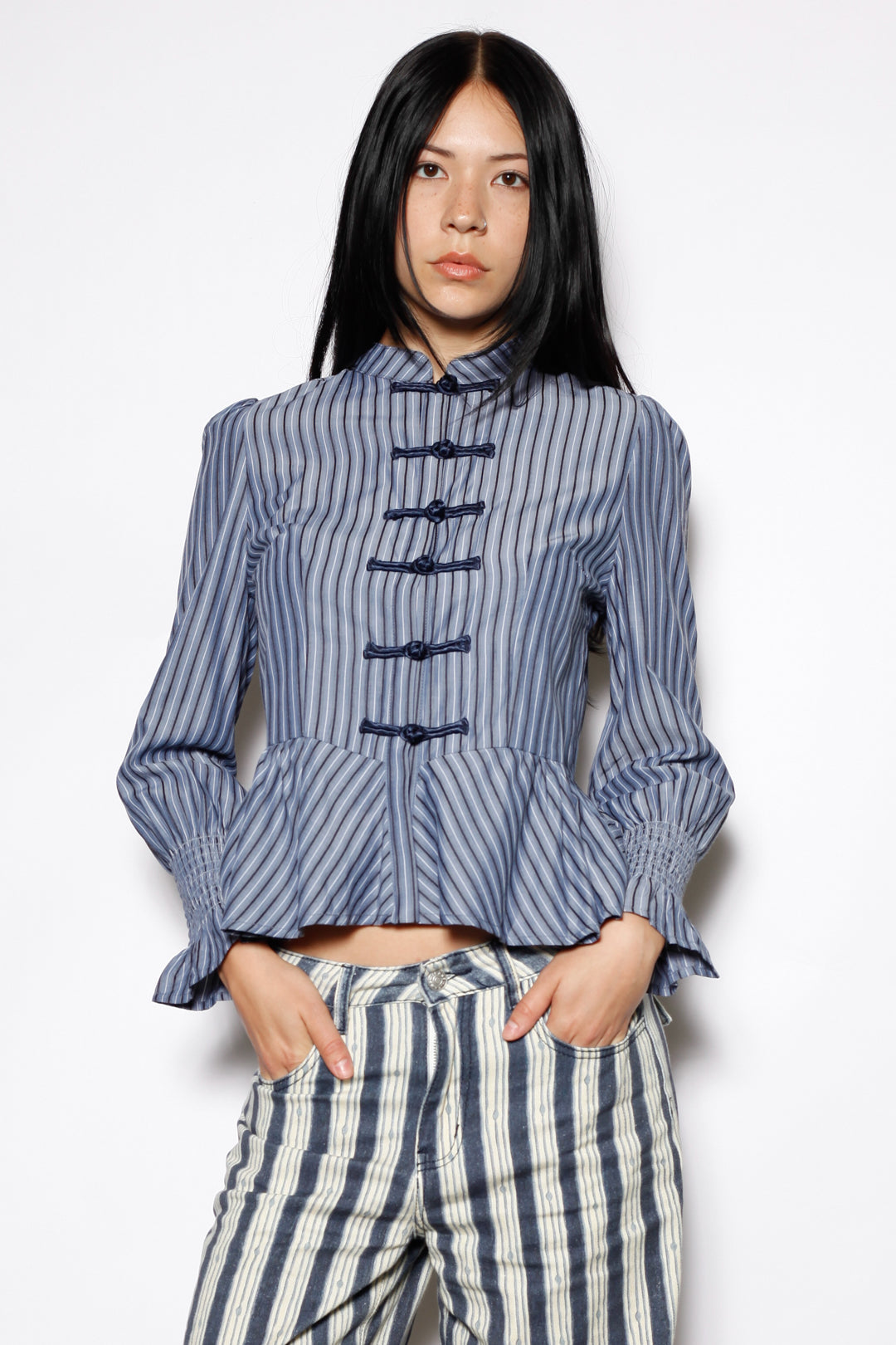 Cotton Blue Stripe Peplum Shirt