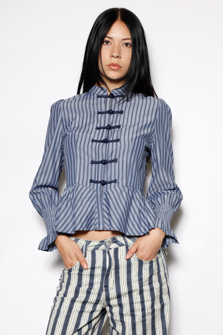 Cotton Blue Stripe Peplum Shirt