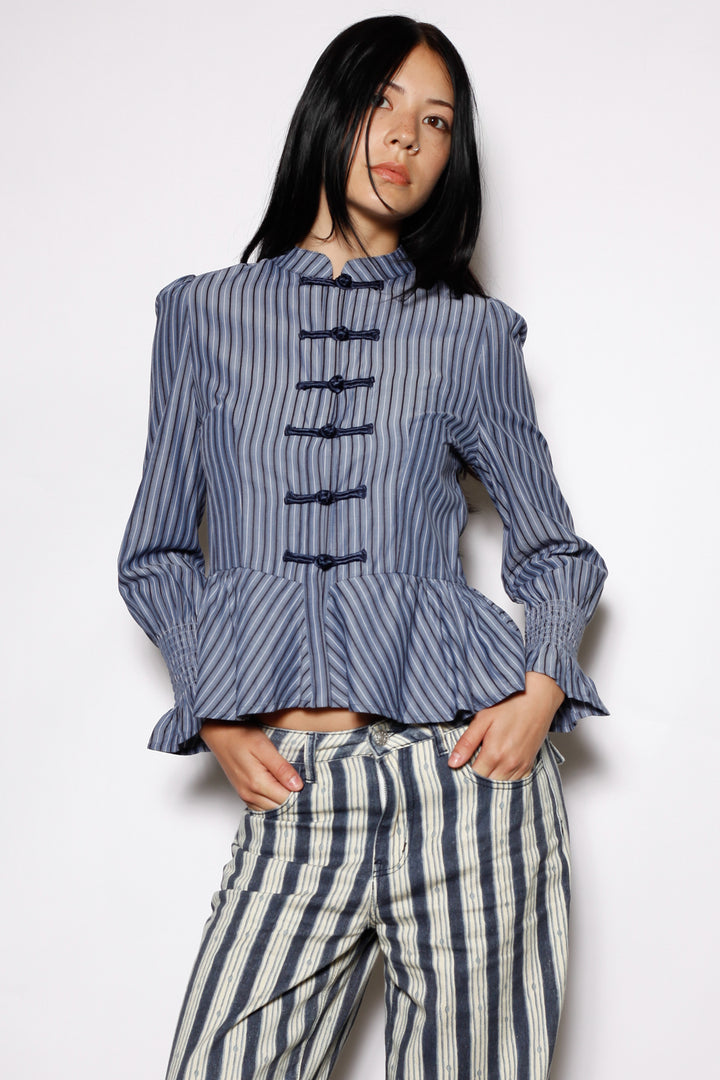 Cotton Blue Stripe Peplum Shirt