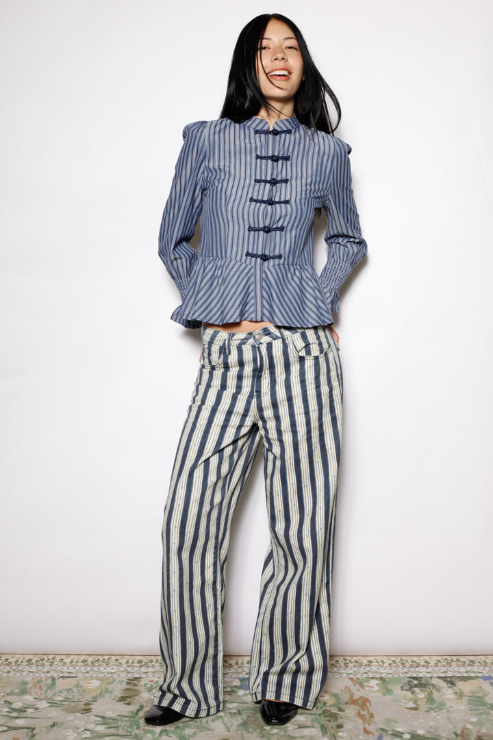 Cotton Blue Stripe Peplum Shirt
