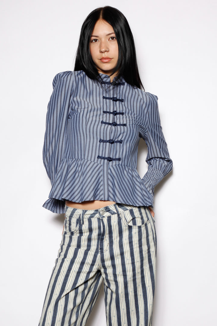 Cotton Blue Stripe Peplum Shirt
