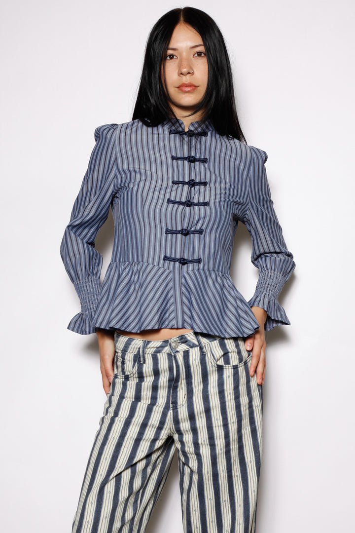 Cotton Blue Stripe Peplum Shirt