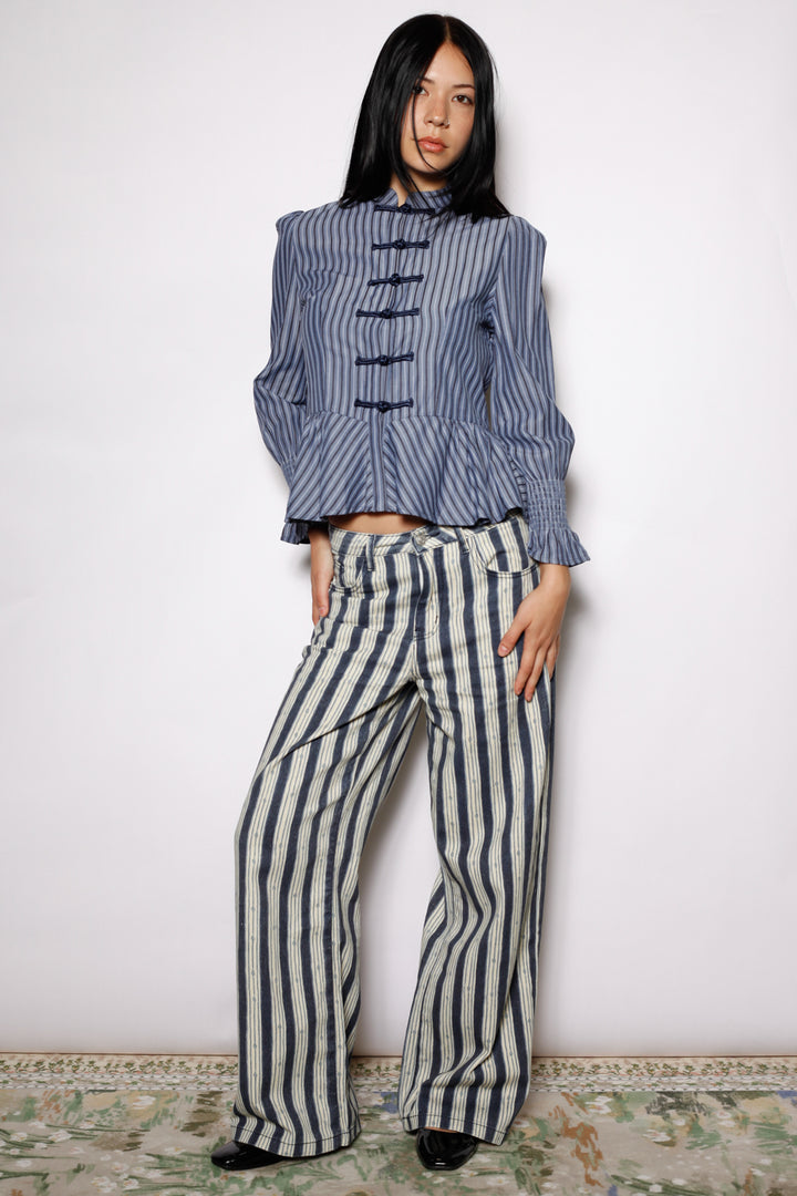 Cotton Blue Stripe Peplum Shirt