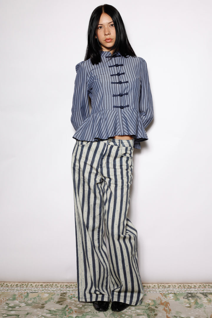 Cotton Blue Stripe Peplum Shirt