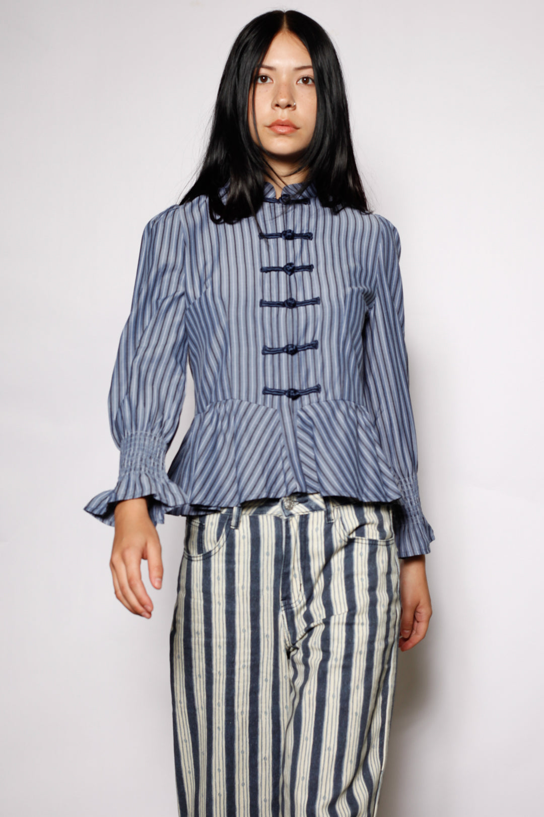 Cotton Blue Stripe Peplum Shirt