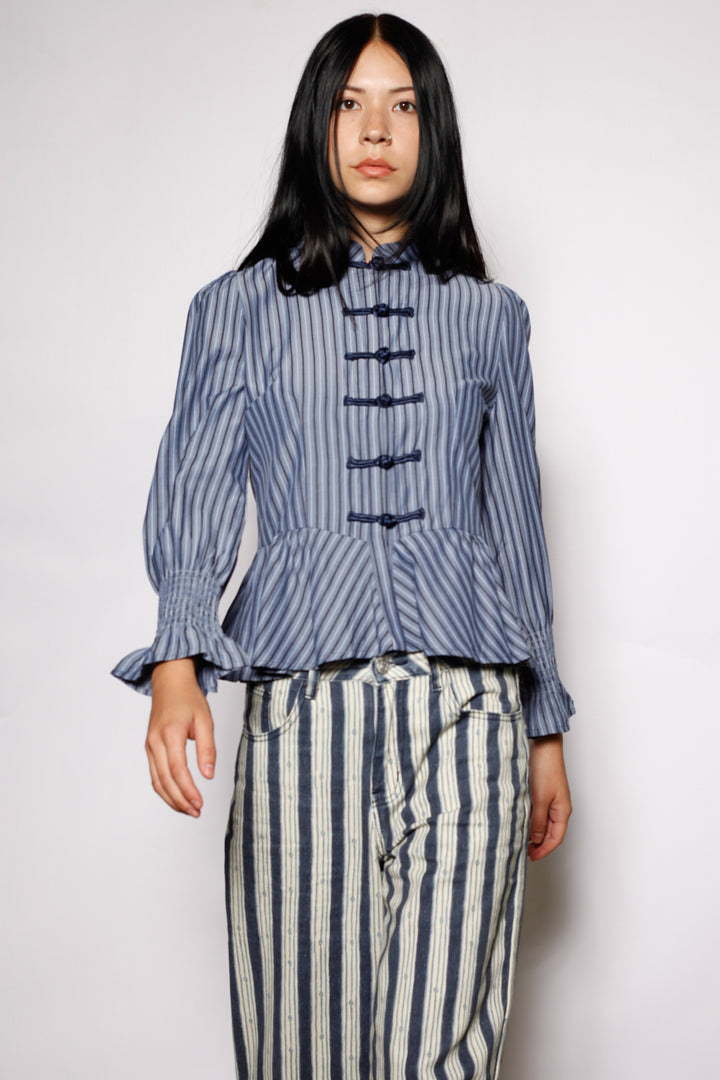 Cotton Blue Stripe Peplum Shirt