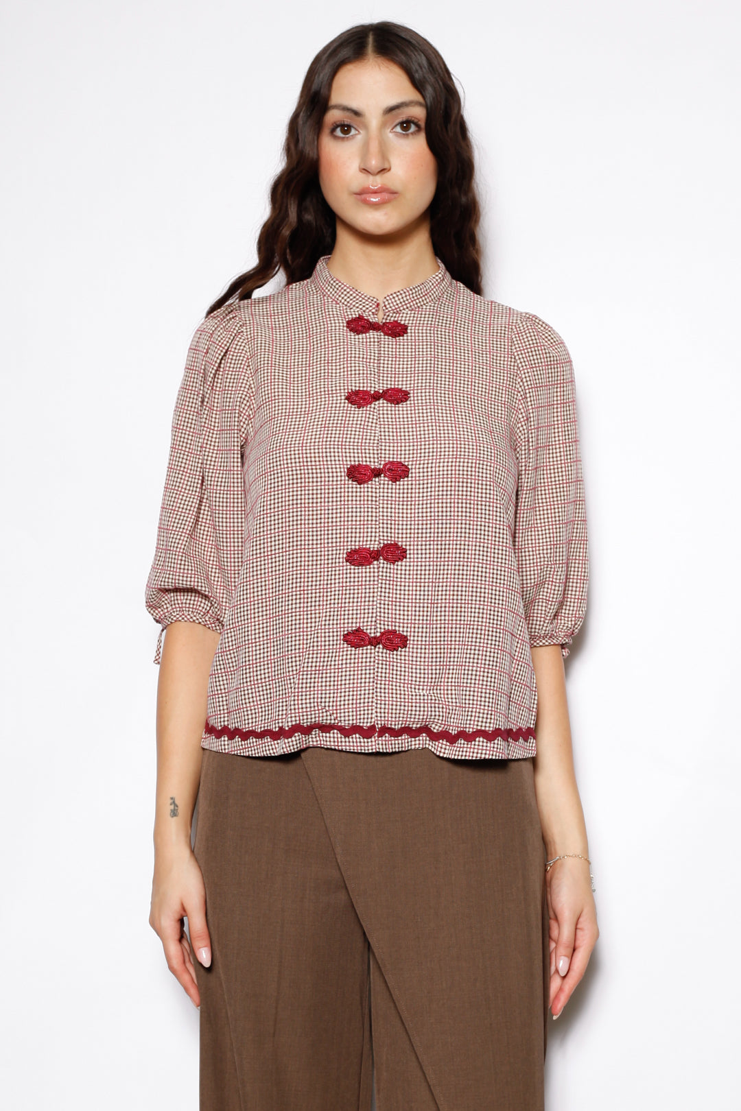 Cotton Red Check Frog Closure Top