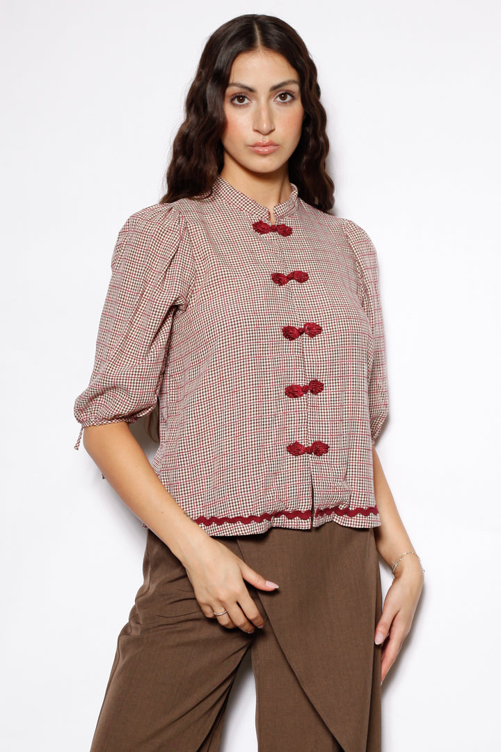 Cotton Red Check Frog Closure Top