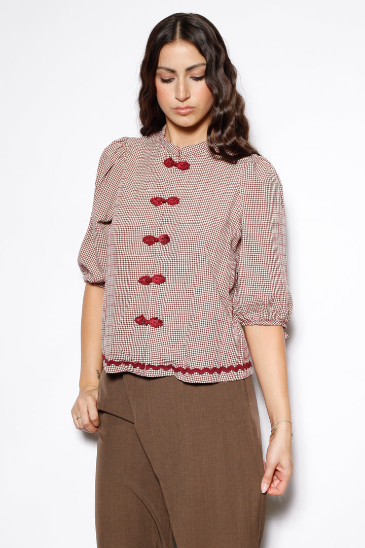Cotton Red Check Frog Closure Top