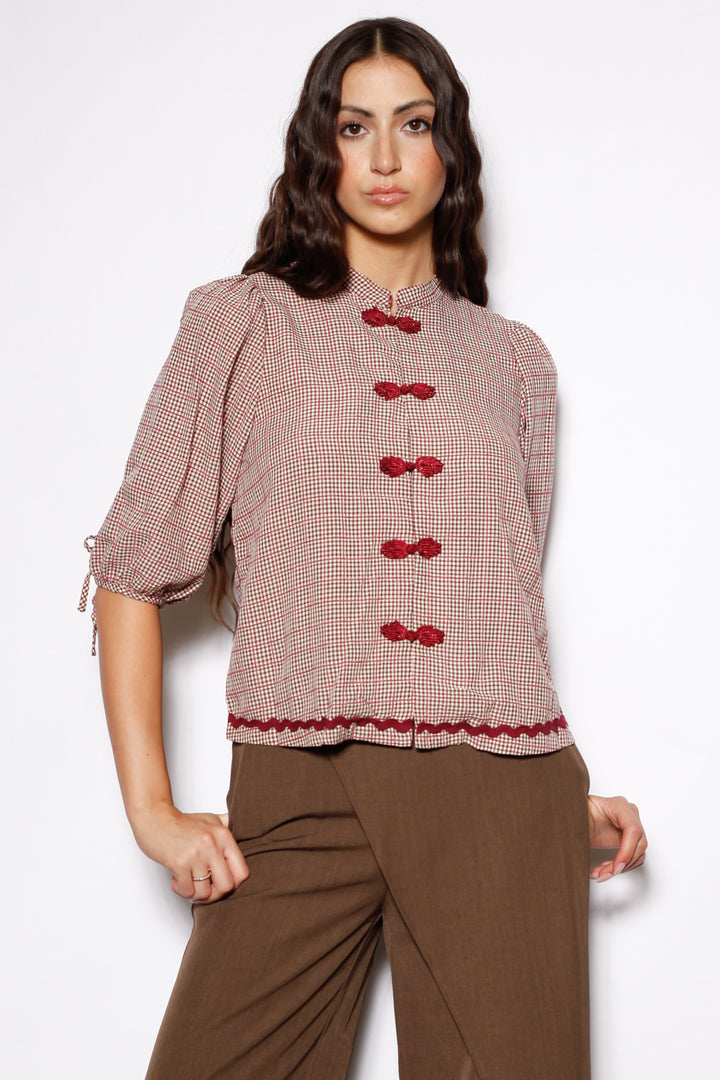 Cotton Red Check Frog Closure Top