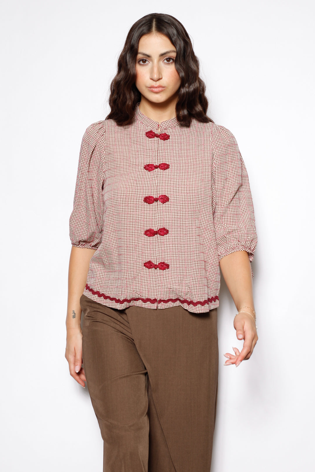Cotton Red Check Frog Closure Top