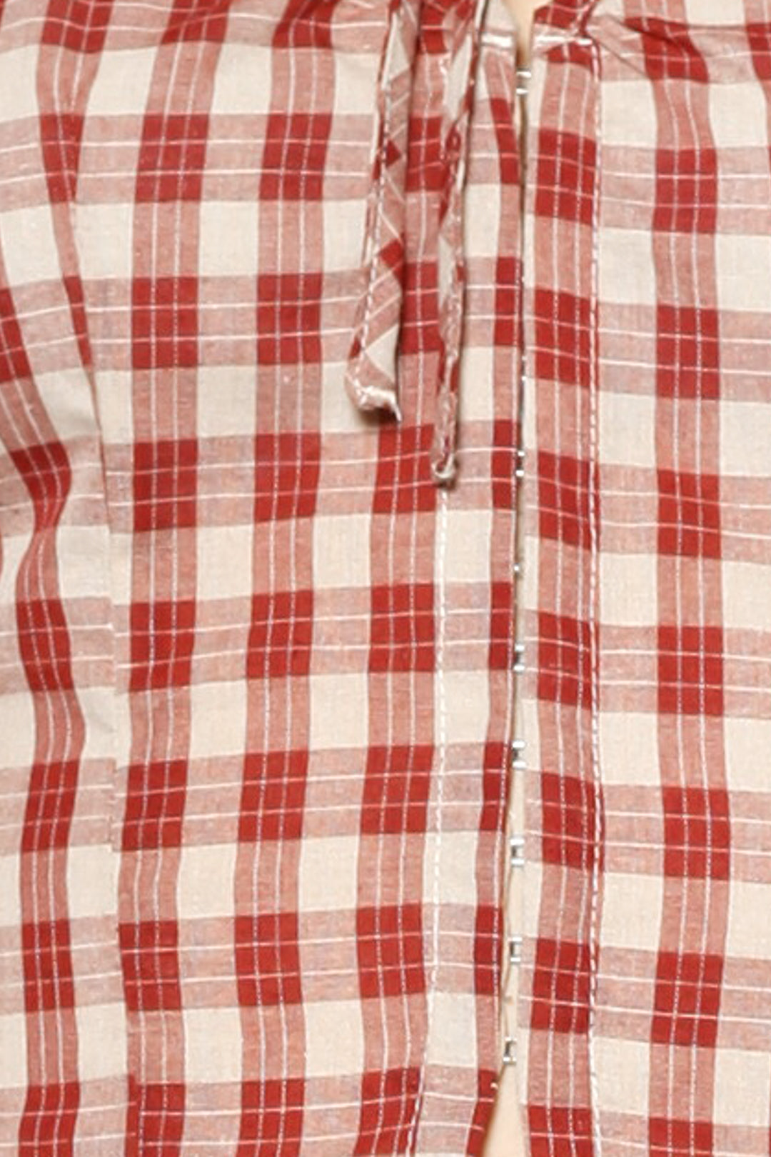 Cotton Plaid Long Sleeve Tie Waist Qipao Top
