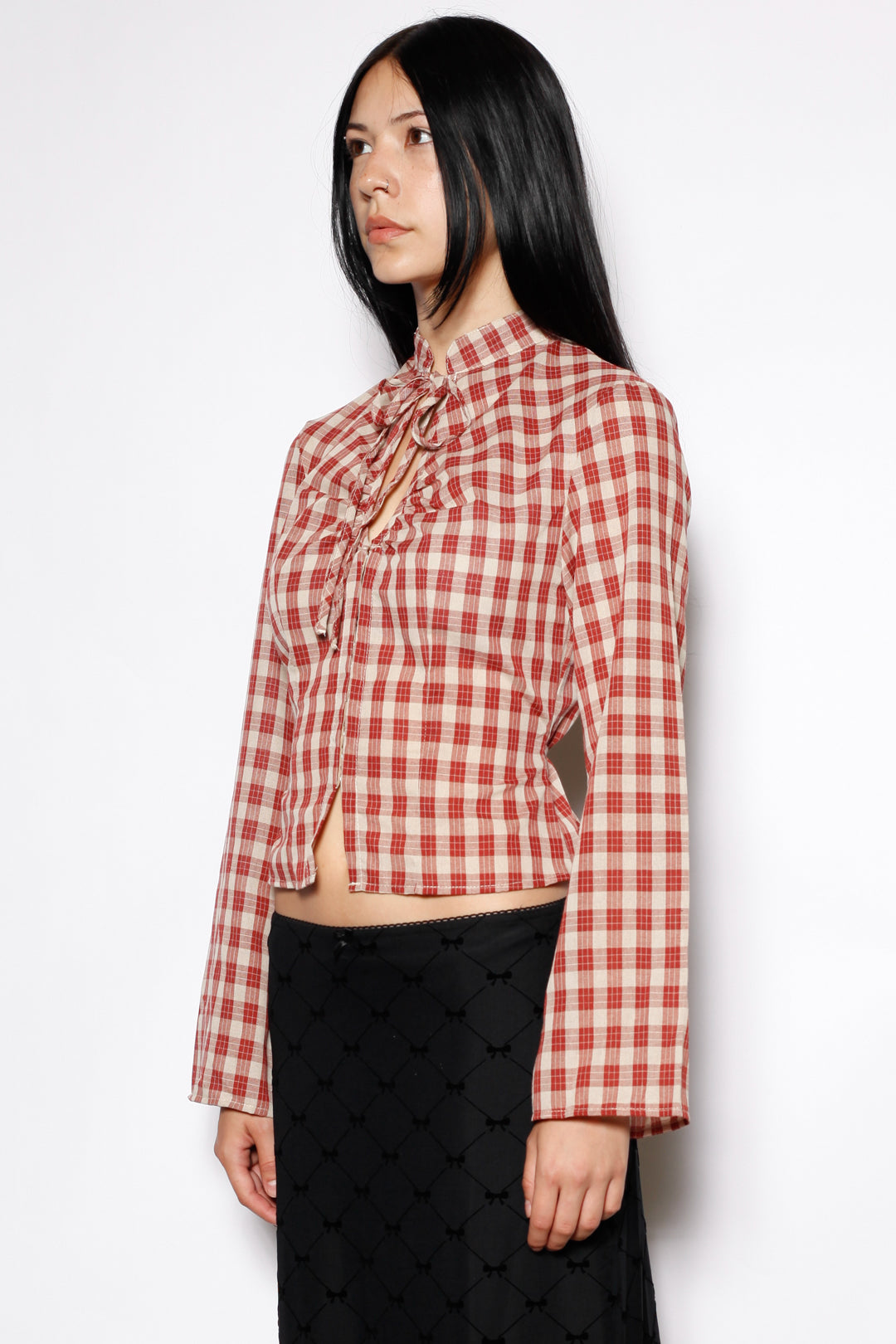 Cotton Plaid Long Sleeve Tie Waist Qipao Top
